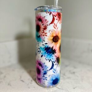 NEW-Handmade Epoxy 20oz Tumbler Bright Rainbow Daisys